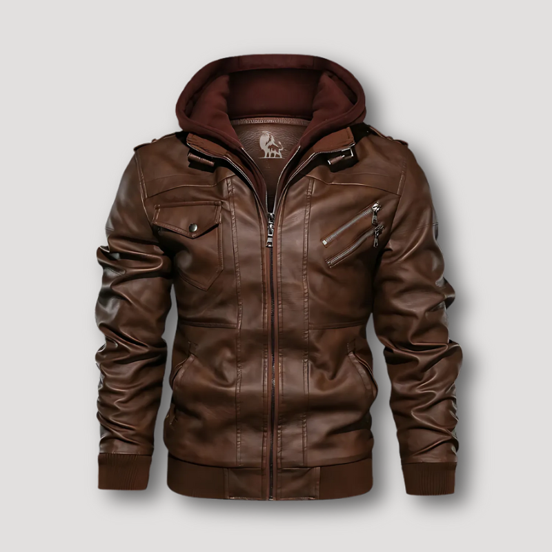 Rugged Slim Fit Hooded Leren Bruin Biker Jas