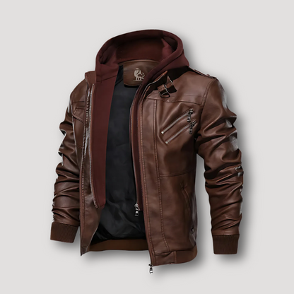 Rugged Slim Fit Hooded Leren Bruin Biker Jas