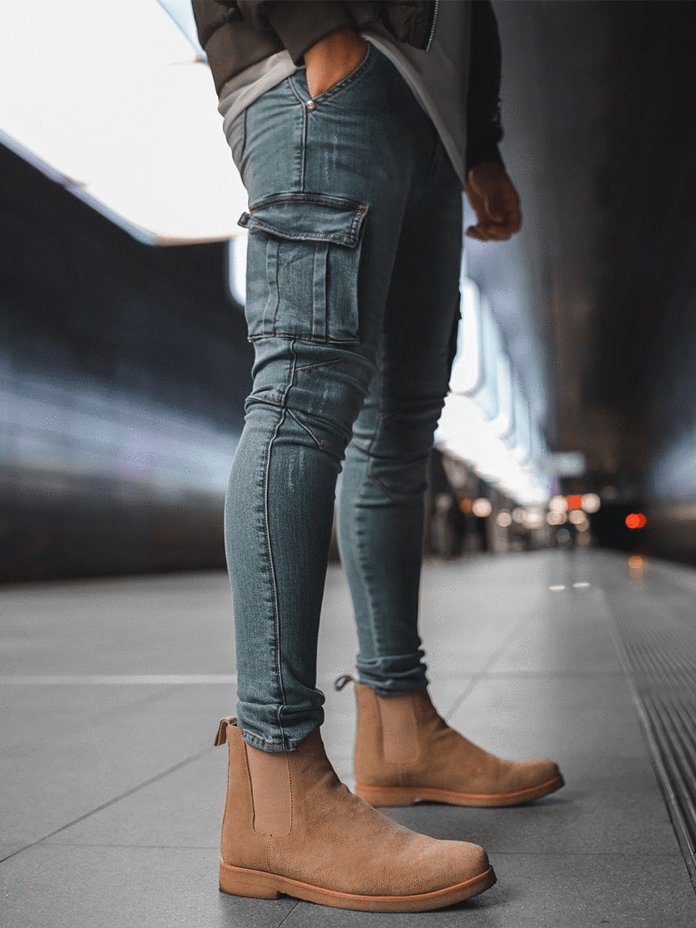 Skinny fit denim cargo broek | Light Stone