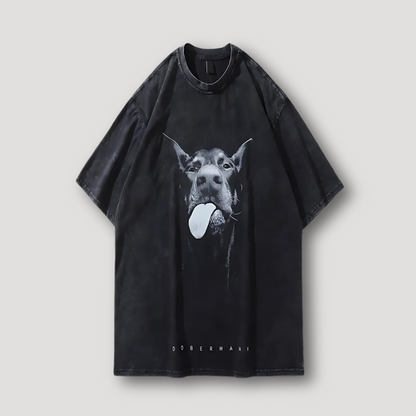 Dobermann Hond Grafische Print Oversized Monochroom Zwart T-shirt