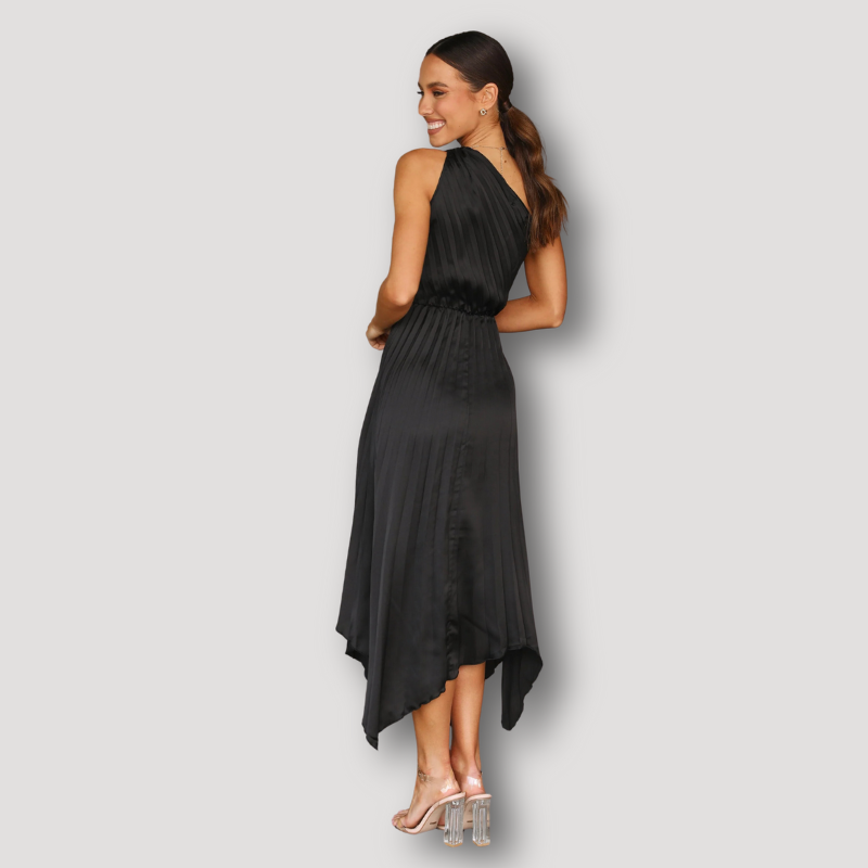 Zwart Pleated Asymmetrisch One Shoulder Jurk Midi