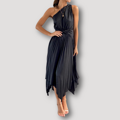 Zwart Pleated Asymmetrisch One Shoulder Jurk Midi