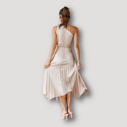 Champagner Pleated Asymmetrisch One Shoulder Jurk Midi