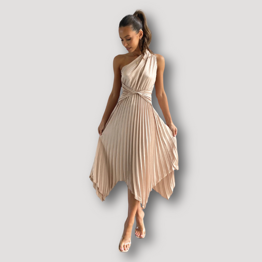 Champagner Pleated Asymmetrisch One Shoulder Jurk Midi