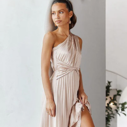 Champagner Pleated Asymmetrisch One Shoulder Jurk Midi