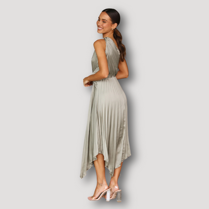 Sage Green Pleated Asymmetrisch One Shoulder Midi Jurk