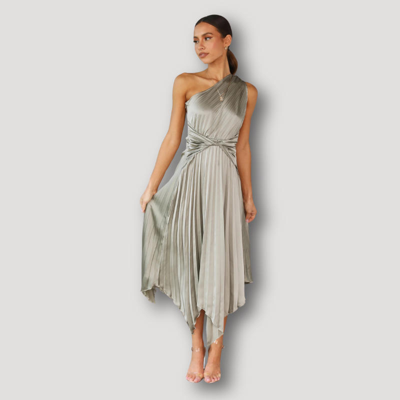 Sage Green Pleated Asymmetrisch One Shoulder Midi Jurk