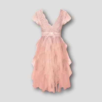 V-hals Kant Tulle Asymmetrisch Mini Jurk