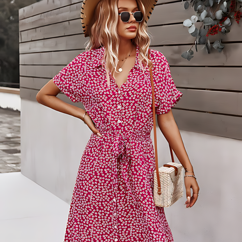 Bloemen Button Down Korte Mouw Kraag Midi Dress