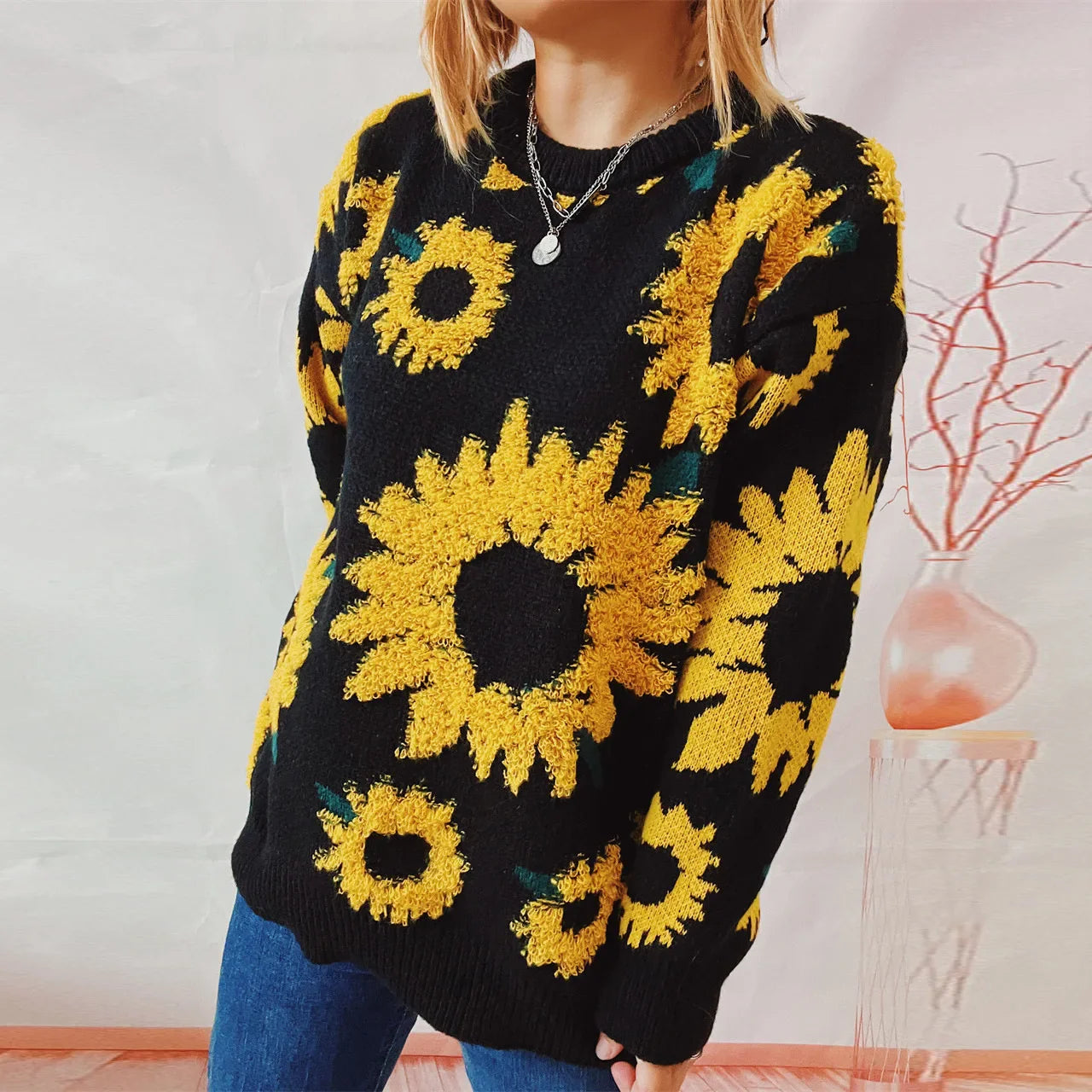 Mariana - Gebreide pull over met zonnebloem