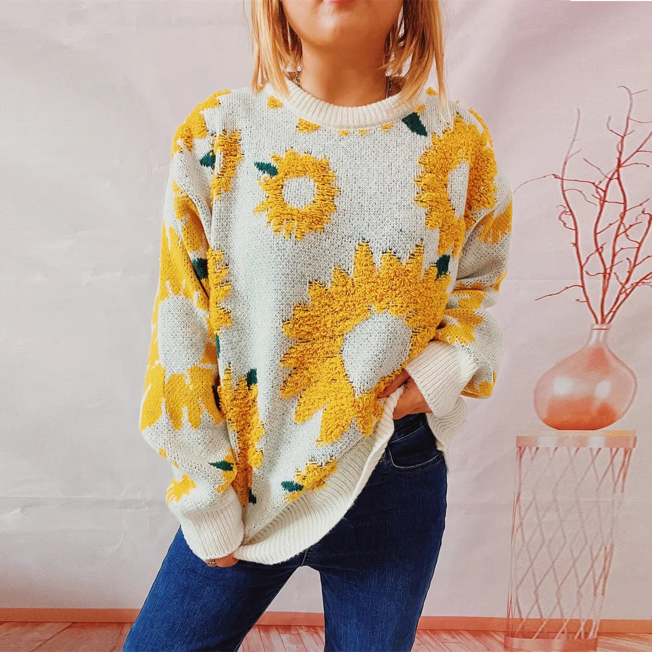 Mariana - Gebreide pull over met zonnebloem