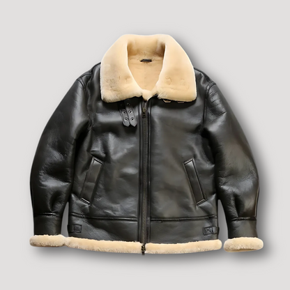 Zwart Leren Aviator Faux Fur Collar Jas Mannen