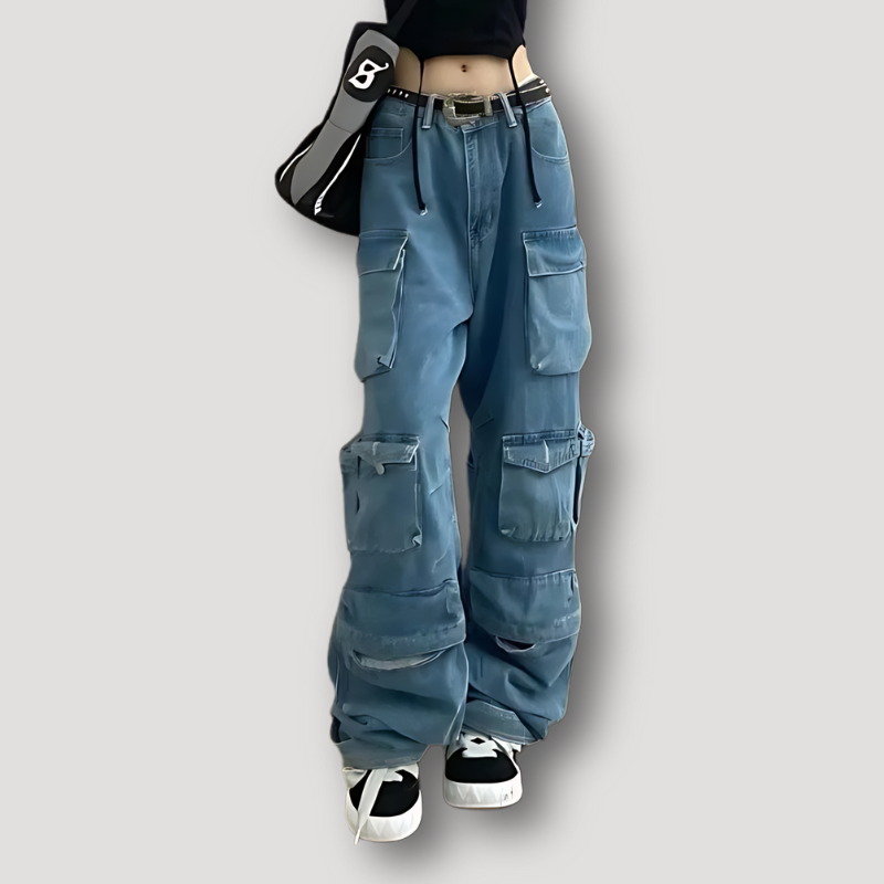 Gewassen Patchwork Baggy Oversized Baggy Cargo Broek Denim