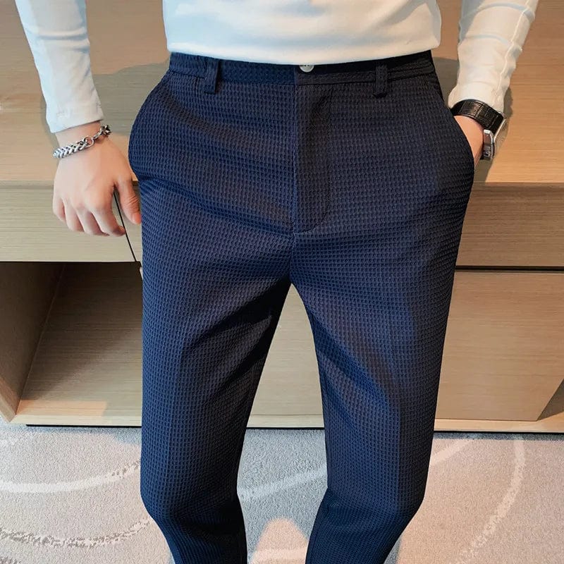 royal blue / 28  48-53KG Suit Pants Autumn Winter Fashion Waffle Dress Pants For Men Clothing Business Casual Slim Fit Men's Formal Trousers High Quality