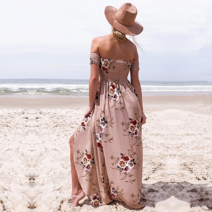 Off Shoulder Smocked Maxi Boho Wrap Jurk Zomer