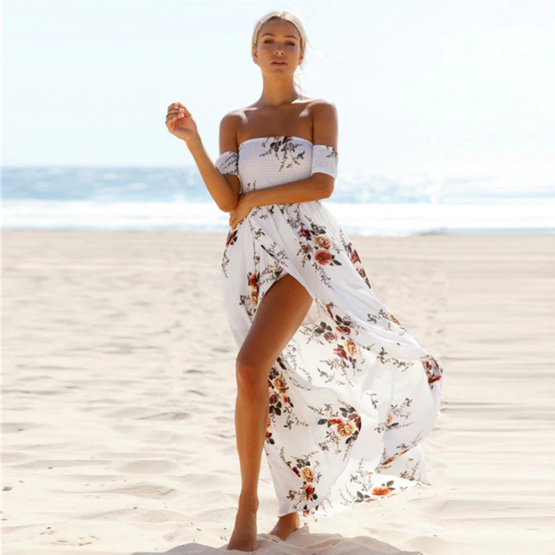 Off Shoulder Smocked Maxi Boho Wrap Jurk Zomer