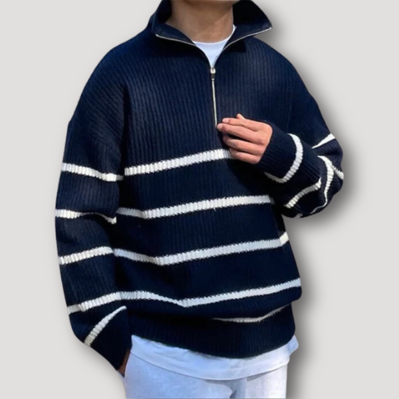 Half Zip Marineblauw Gestreept Oversized Sweater Mannen