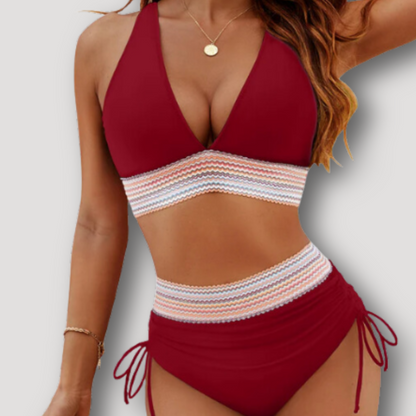 Tiefer V-hals Neckholder Boho High-Waist Bikini Set