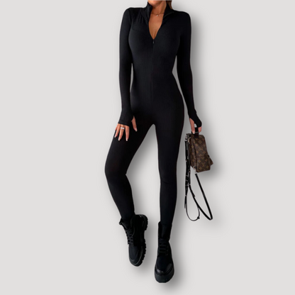 Zwart Sportief Form Fitting Lange Mouw Jumpsuit