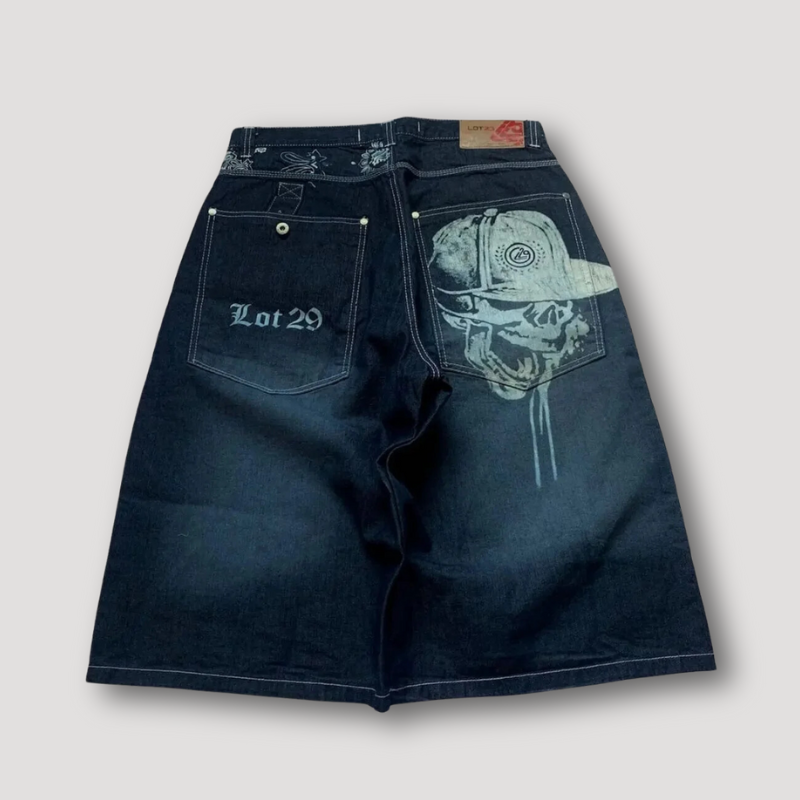 Schedel Met Kap Grafisch Druk Dark Washed Wide Leg Denim Shorts