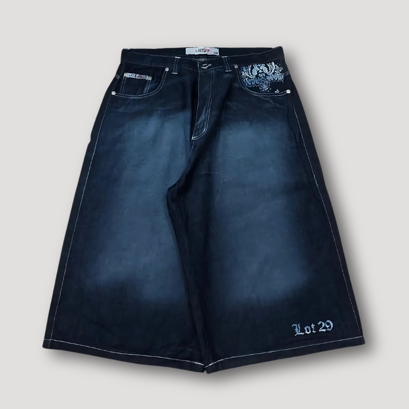 Schedel Met Kap Grafisch Druk Dark Washed Wide Leg Denim Shorts