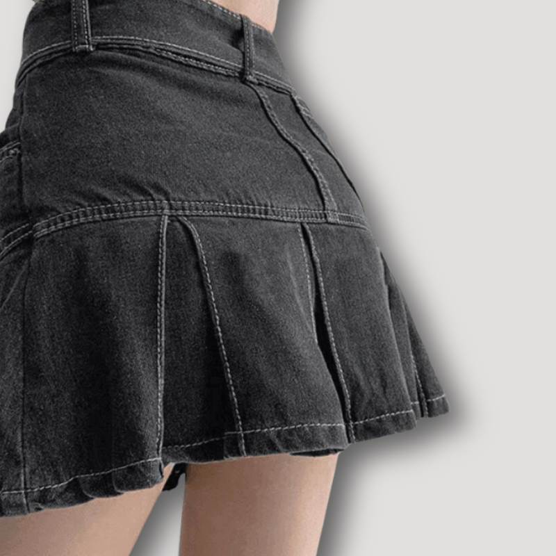 High Rise Asymmetrisch Pleated Denim Mini Rok Vrouwen