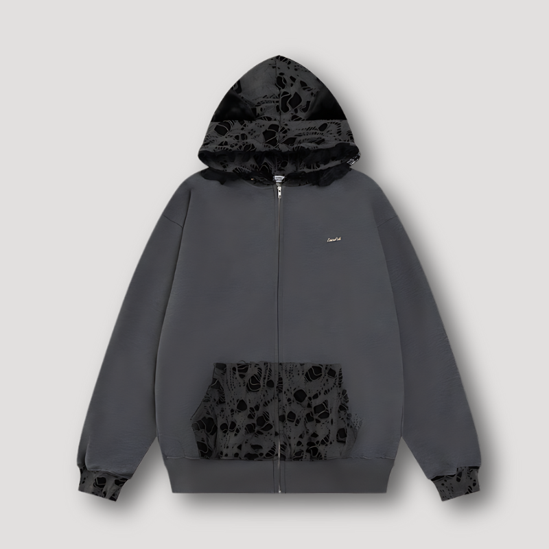 Zip Up Lace Donkergrijs Gotisch Pluche Fluweel Hoodie