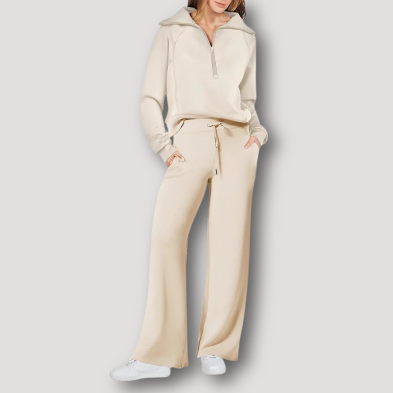 Lange Mouw Half Zip Top Wide Leg Broek Matching Set