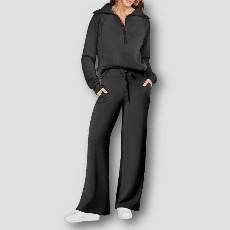 Lange Mouw Half Zip Top Wide Leg Broek Matching Set