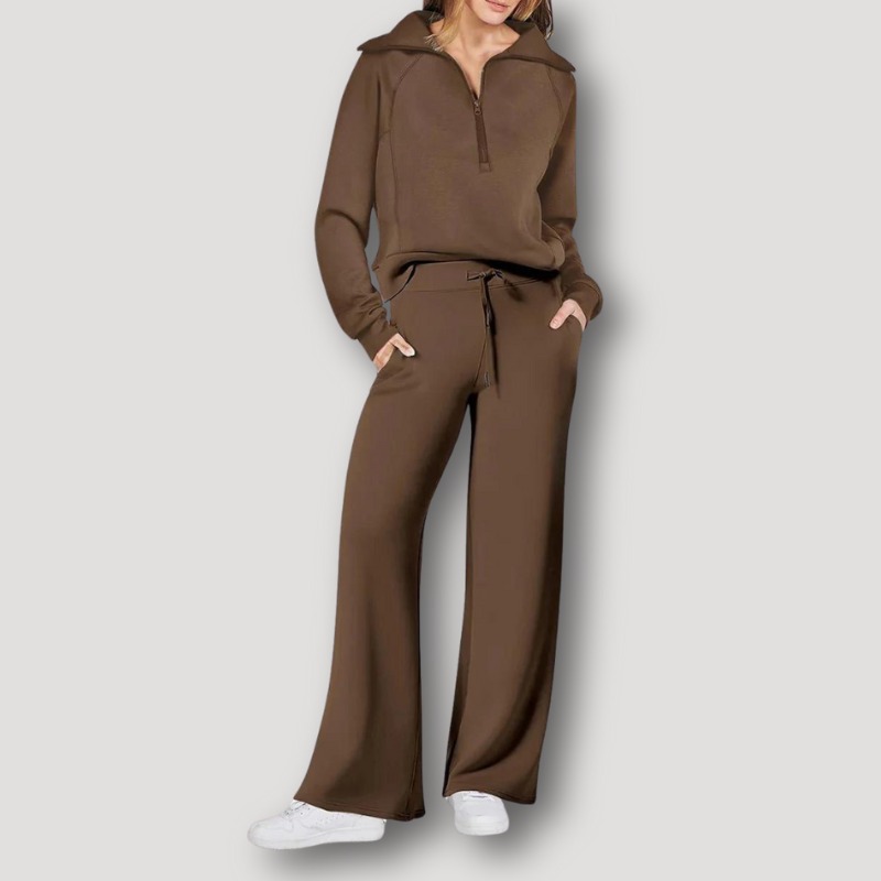 Lange Mouw Half Zip Top Wide Leg Broek Matching Set