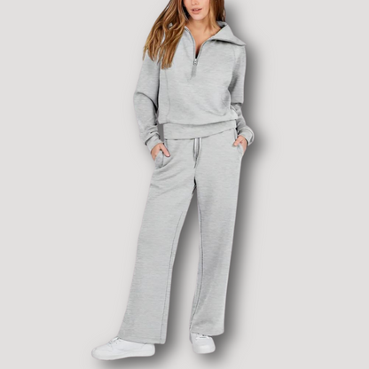 Lange Mouw Half Zip Top Wide Leg Broek Matching Set