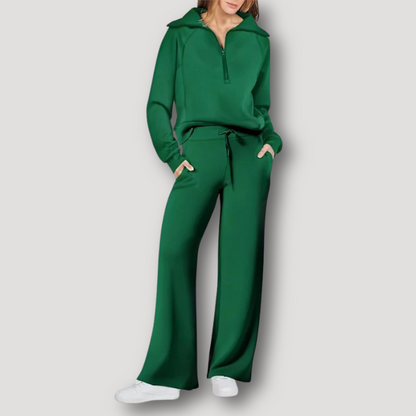 Lange Mouw Half Zip Top Wide Leg Broek Matching Set